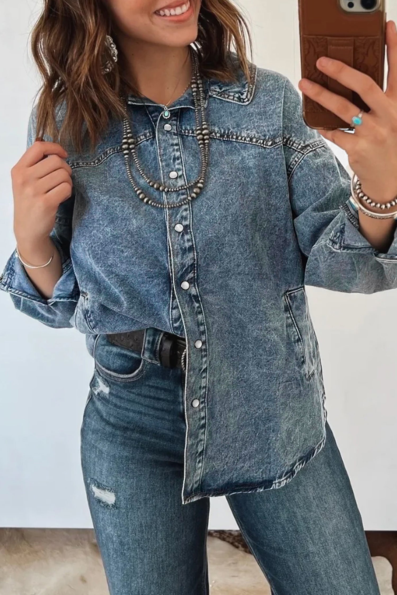 Veste femme manches longues, denim — bleu