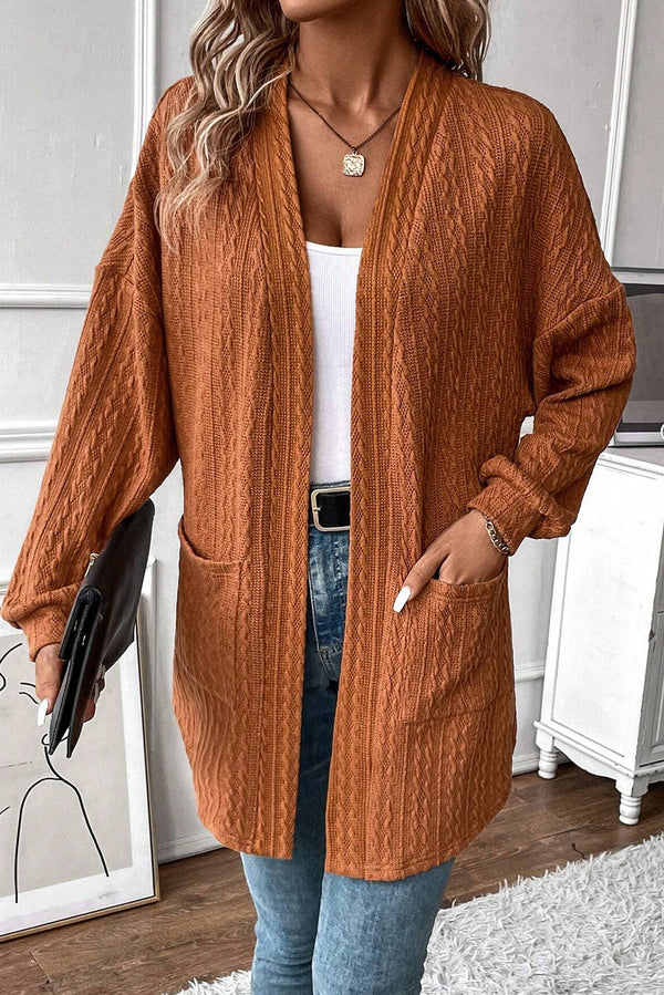 Chestnut Textured Knit Side Pockets Open Front Cardigan femme