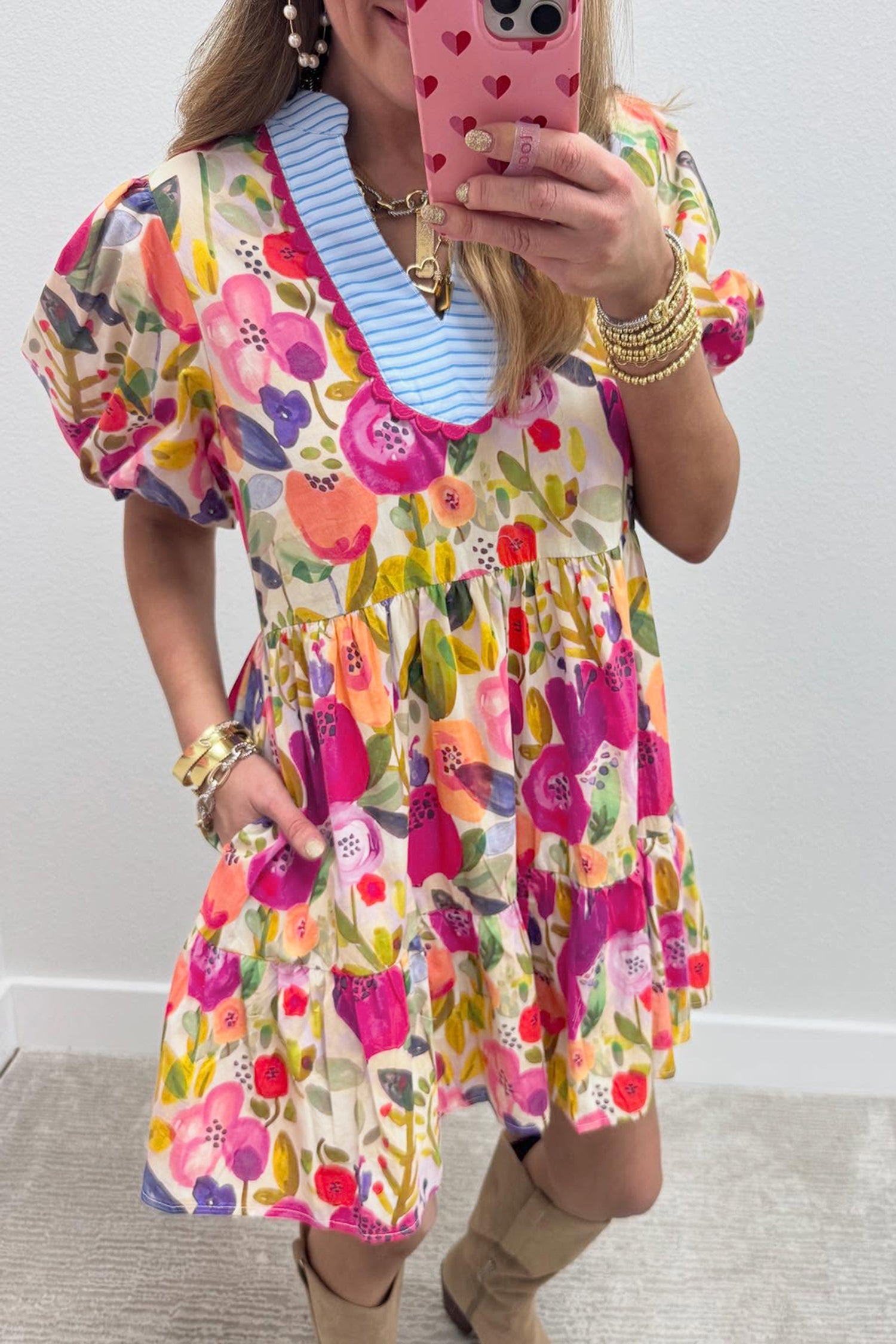 Robe femme floral, rayé, patchwork, col V-P620