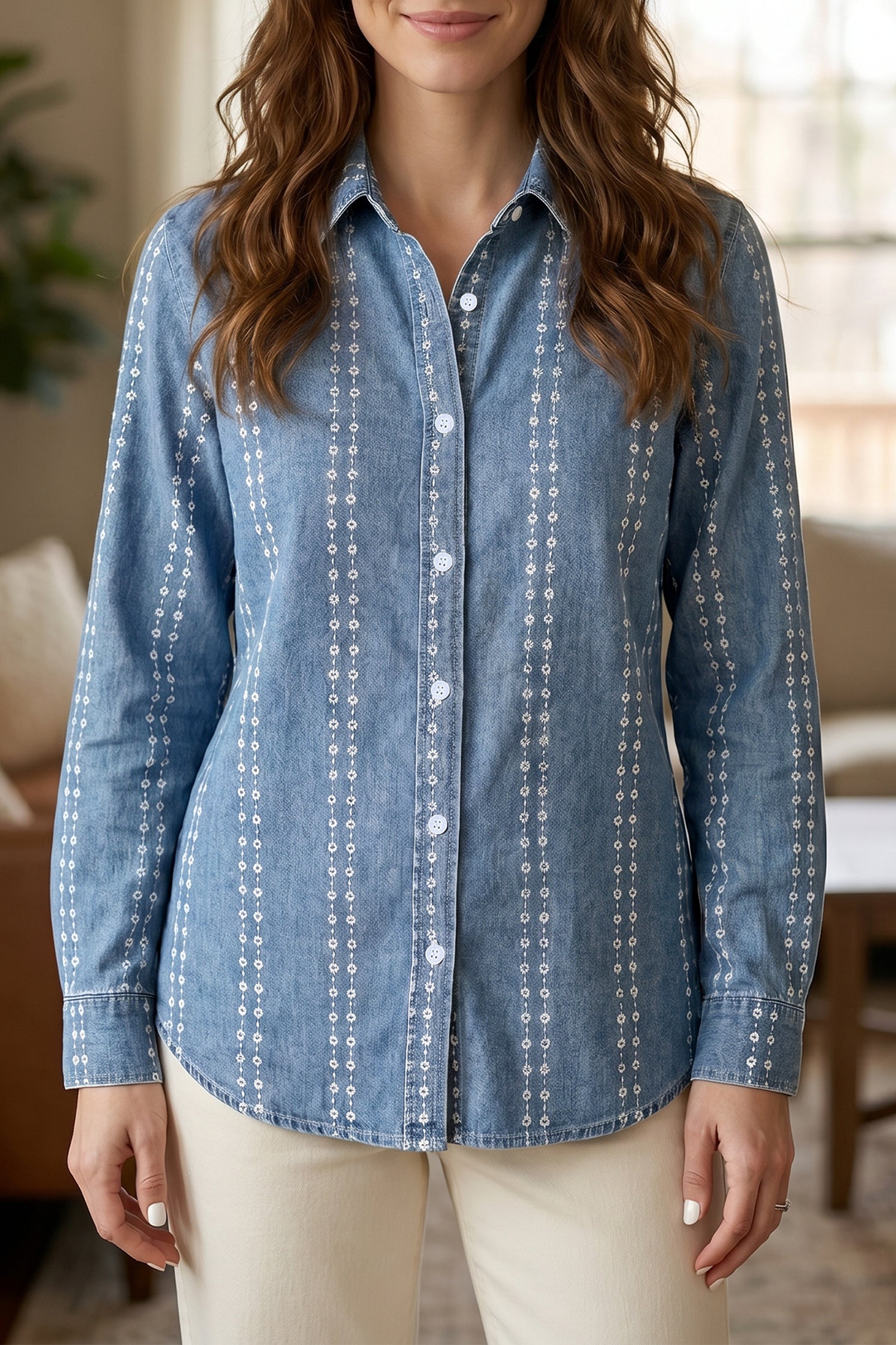 Chemise femme floral, boutonnée, manches longues, denim