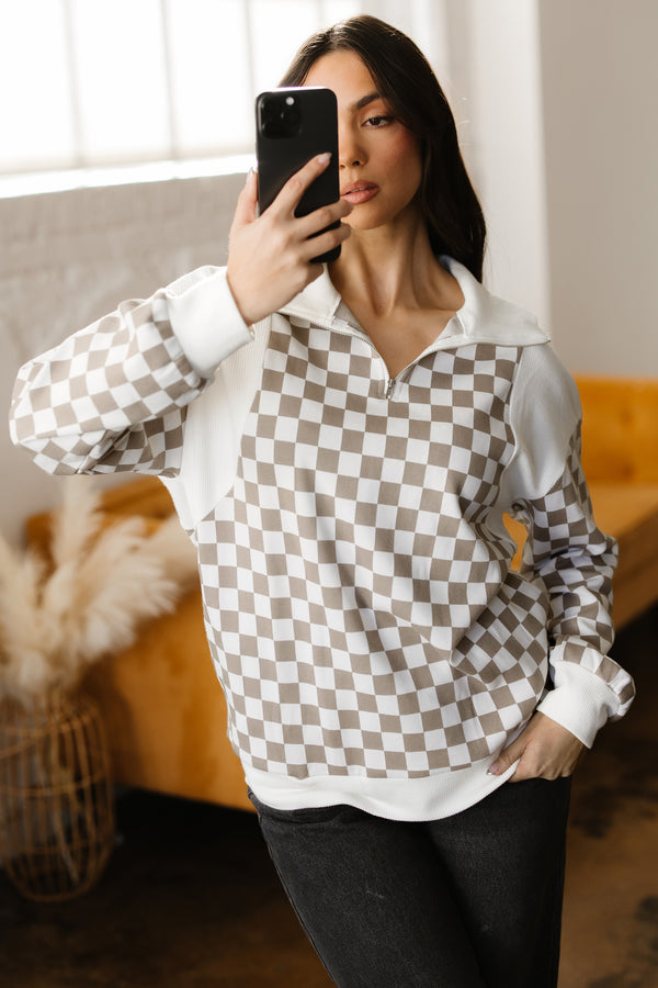 Sweat femme à carreaux, patchwork, zip, ample, côtelé — kaki