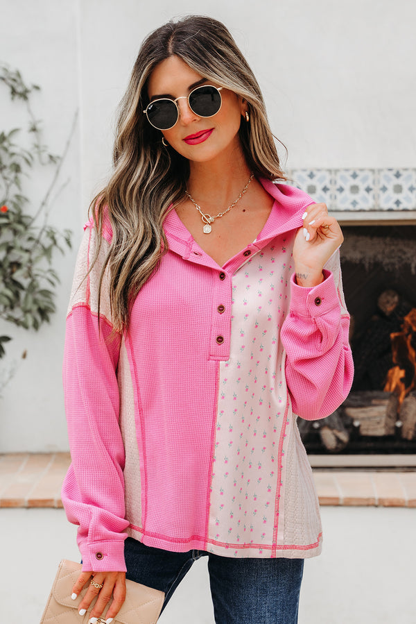 Pull femme floral, patchwork, gaufré, à capuche — rose