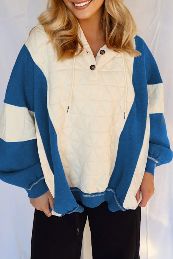 White Quilted Fleece Color Block Patchwork Oversize Hoodie femme