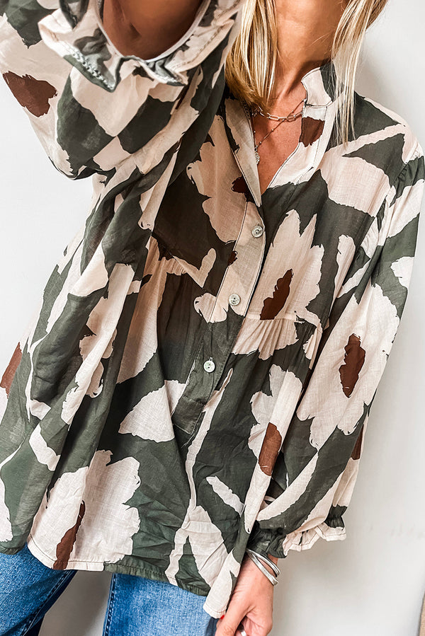 Blouse femme floral, boutonnée, demi-boutonnage, manches bouffantes