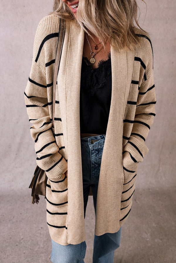 Cardigan femme rayé, poches — noir