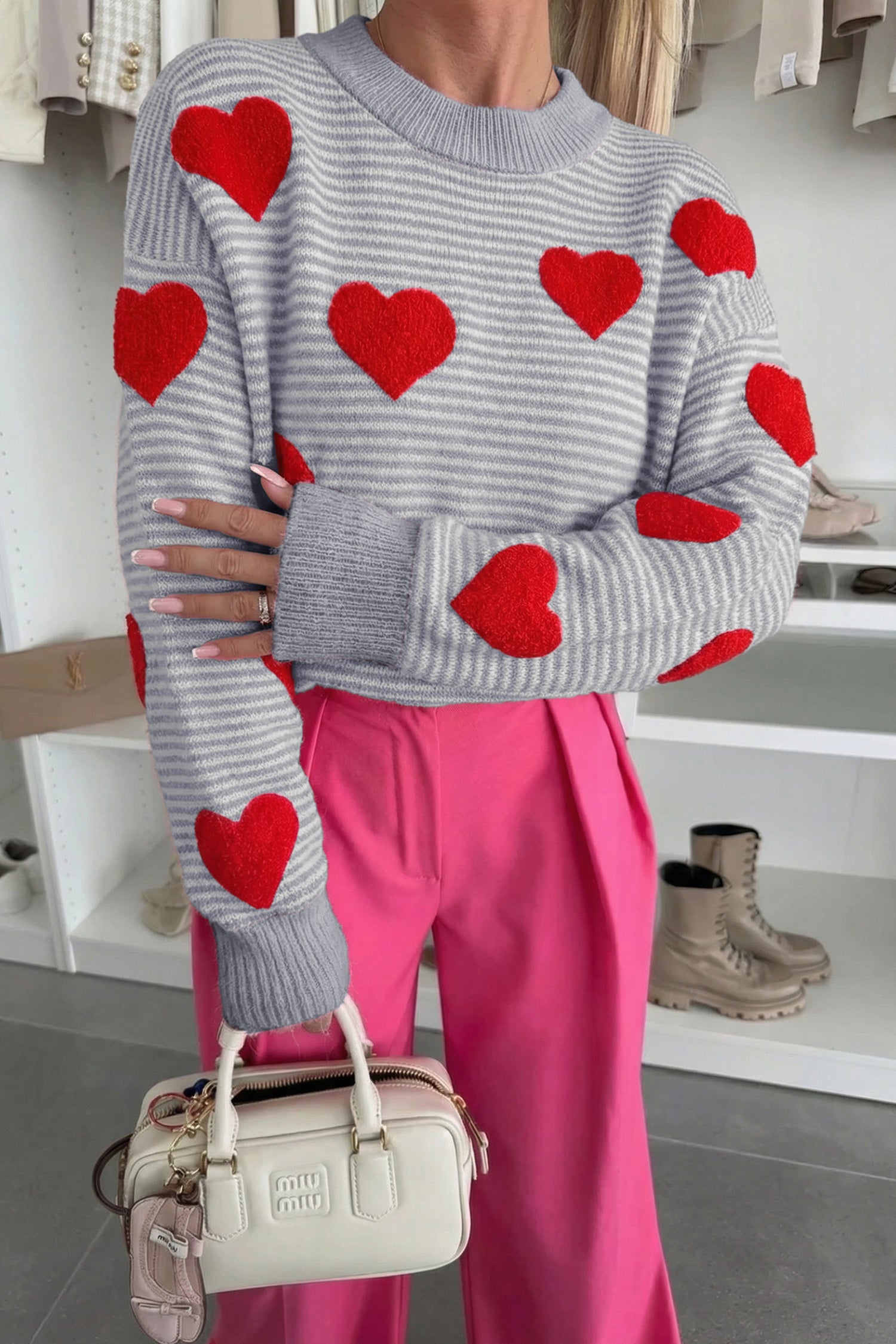 Pull femme rayé, en maille — gris