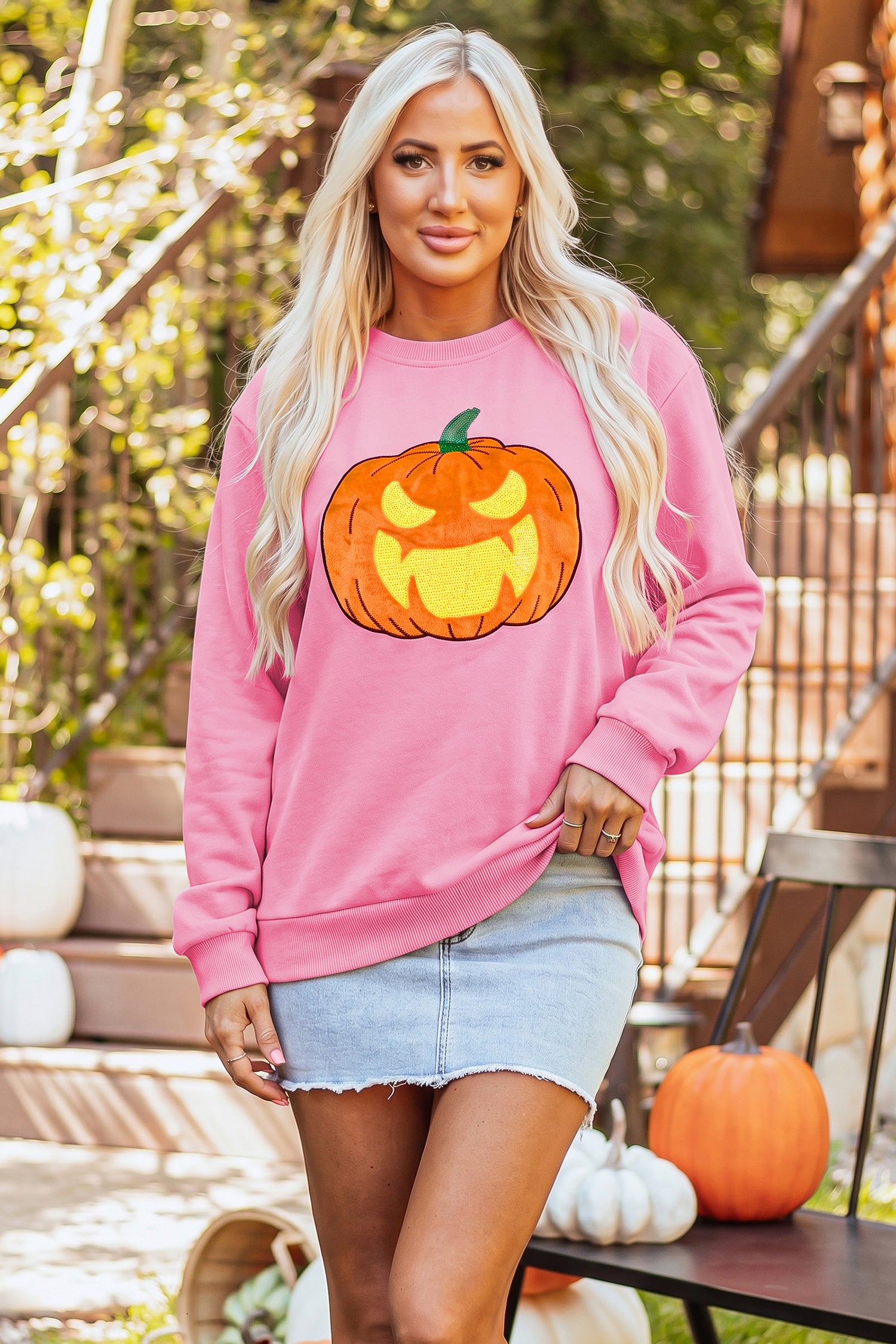 Sweat femme brodé, manches longues, col rond — rose