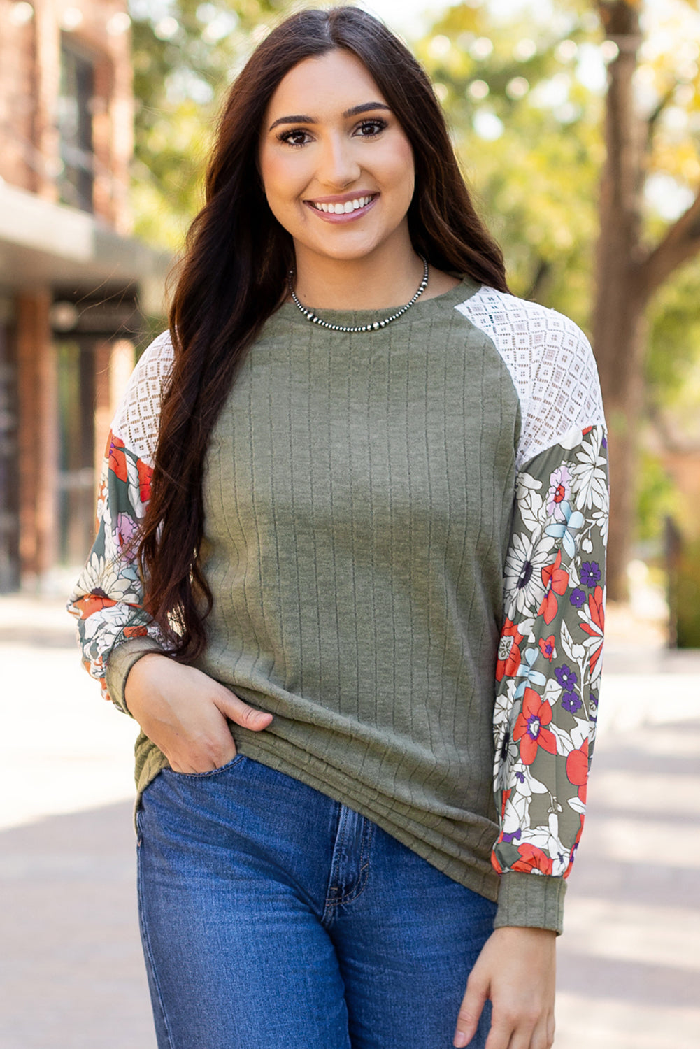 Blouse femme floral, patchwork, manches longues — vert