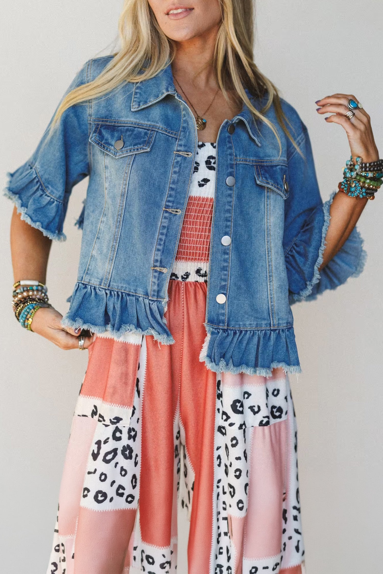 Veste femme à volants, manches 3/4, denim — bleu-P305