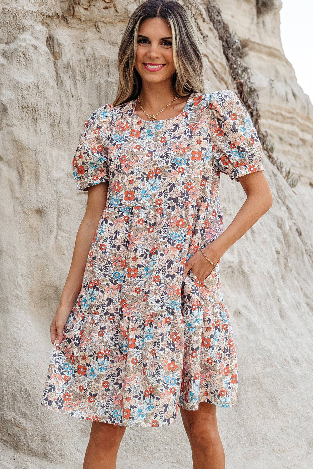 Robe courte femme floral, manches bouffantes — abricot
