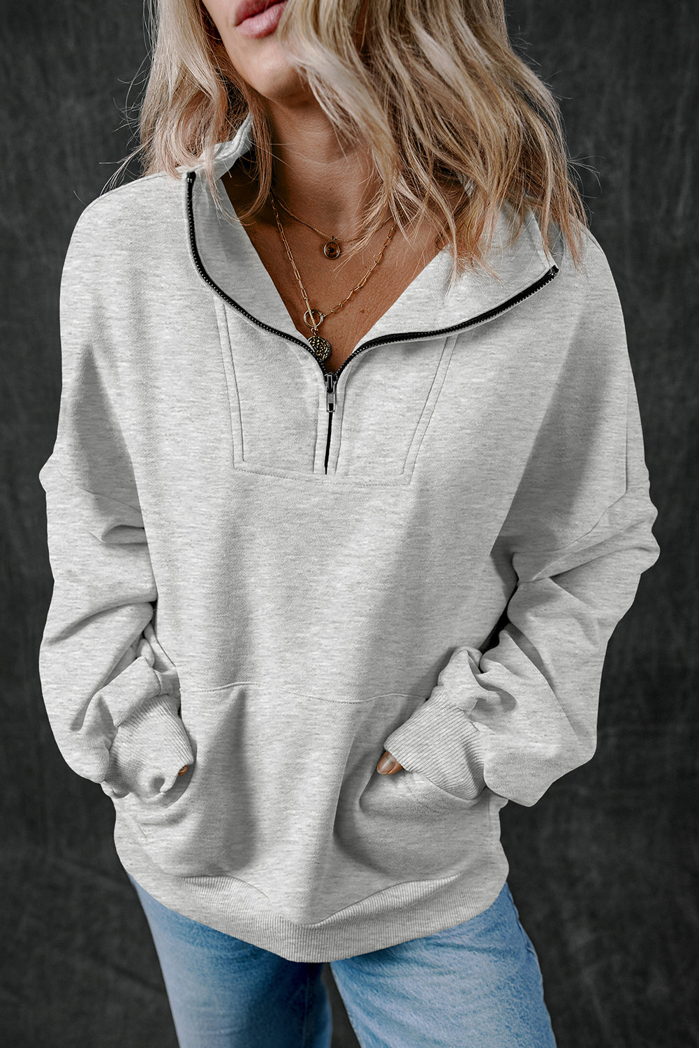 Sweat femme zip, poches — gris clair