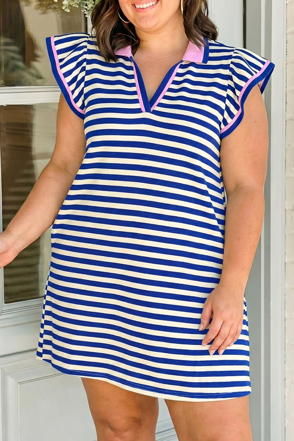 Robe femme rayé, manches courtes, col V, casual, colorblock — bleu foncé
