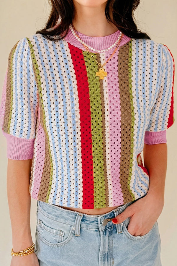 Pull femme rayé, en maille, manches courtes — multicolore