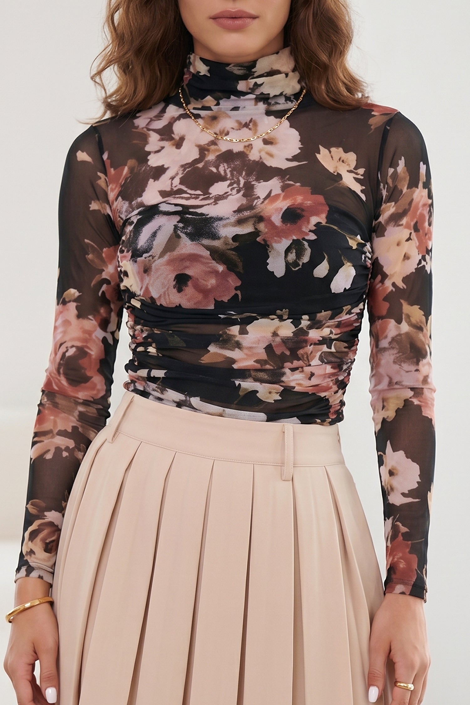 Pièce mode femme floral, transparent, manches longues, col montant — marron