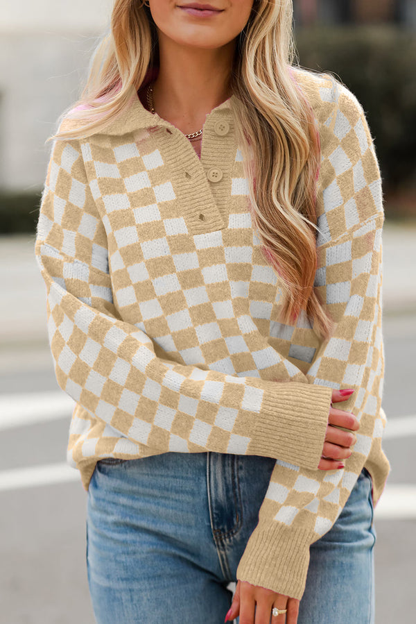 Pull femme à carreaux, boutonnée, épaules tombantes, col V — abricot