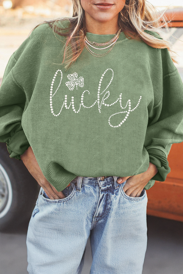 Sweat femme graphique, strass, côtelé — vert