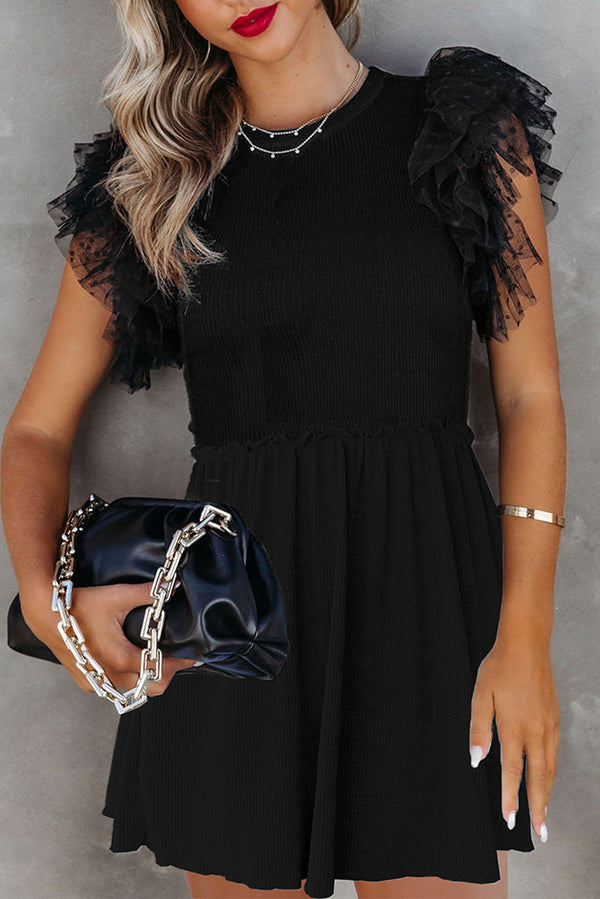 Robe courte en maille, transparent, à volants — noir