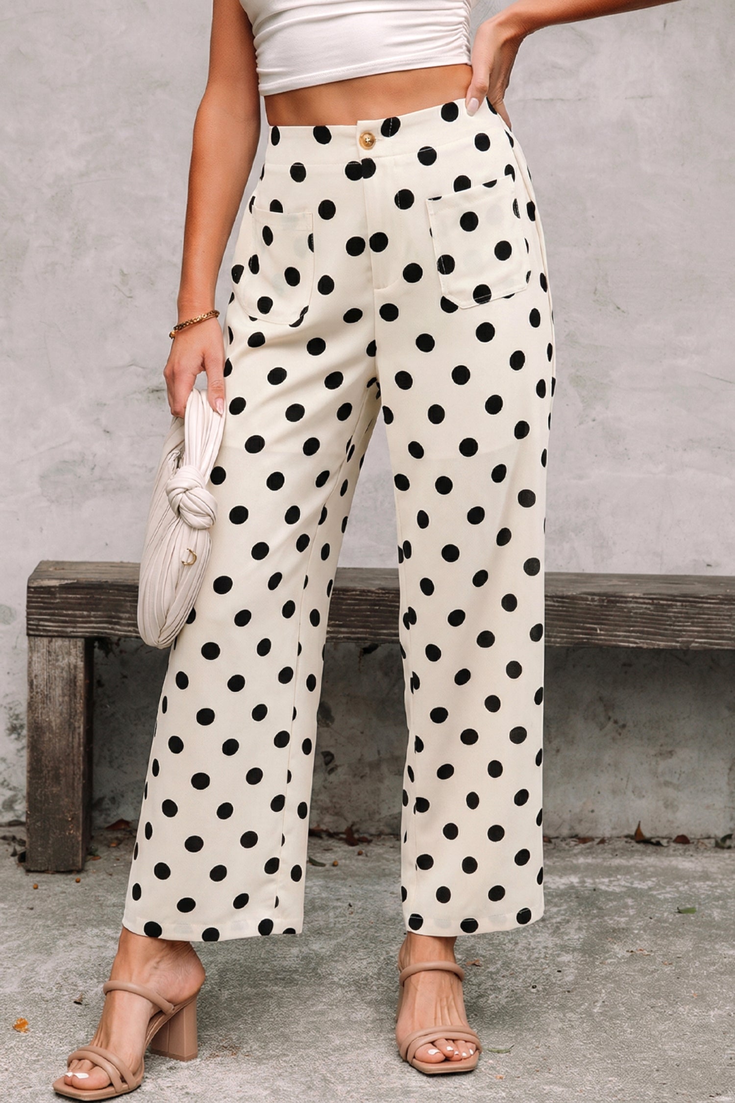 Pantalon femme pois, poches — blanc