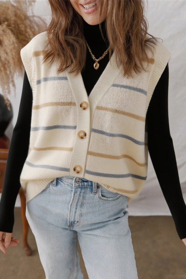Pull femme rayé, boutonnée, col V — multicolore