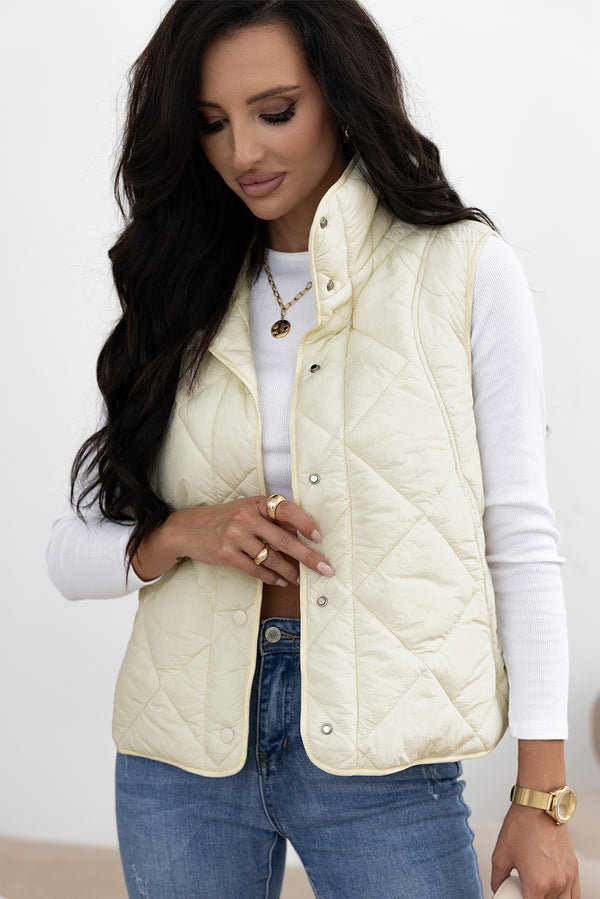 Manteau femme boutonnée, poches, col montant — beige