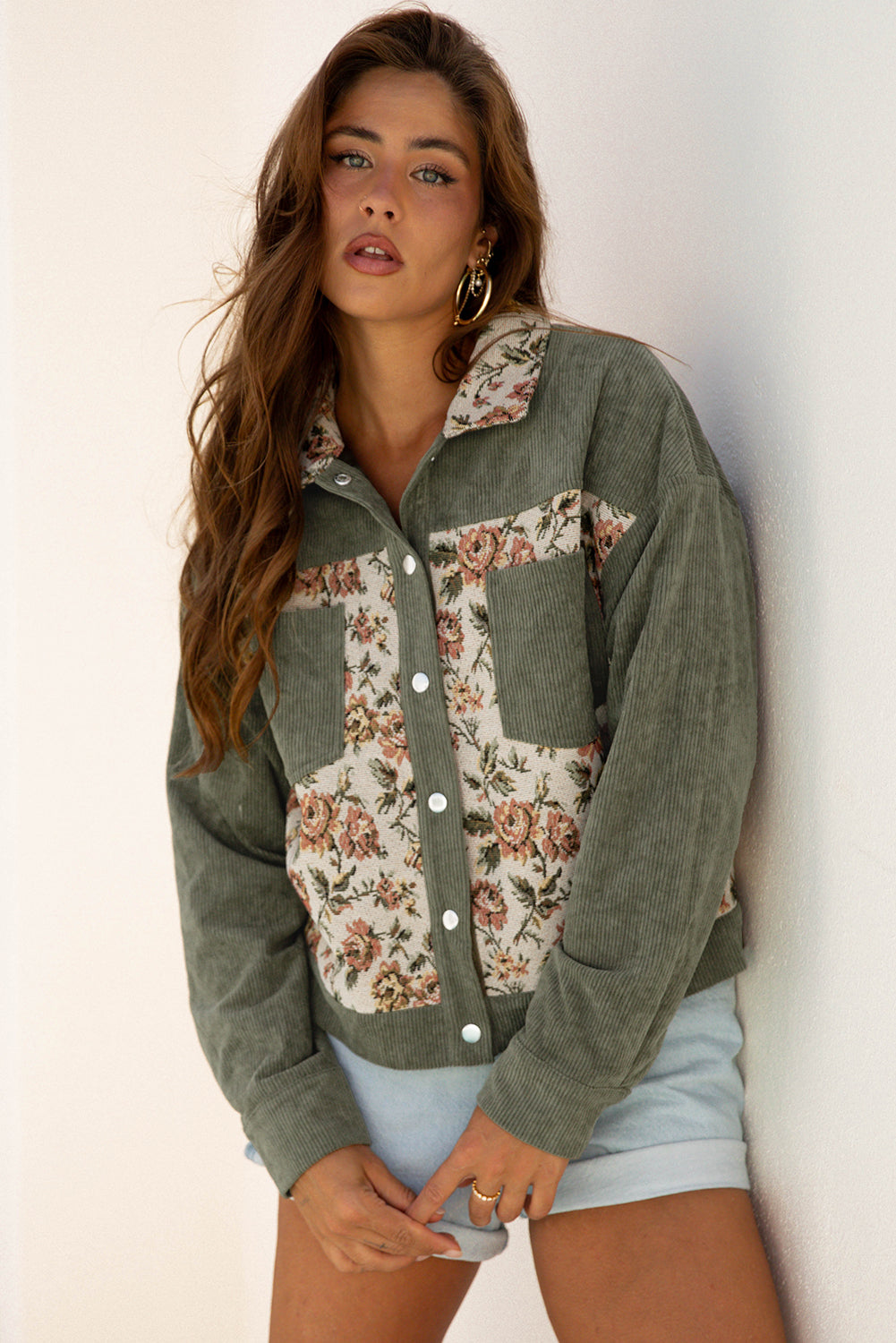 Veste femme floral, patchwork, côtelé — vert