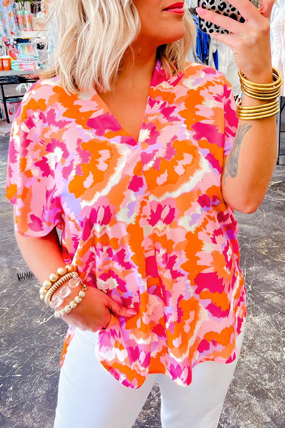 Blouse femme col V — rouge rose