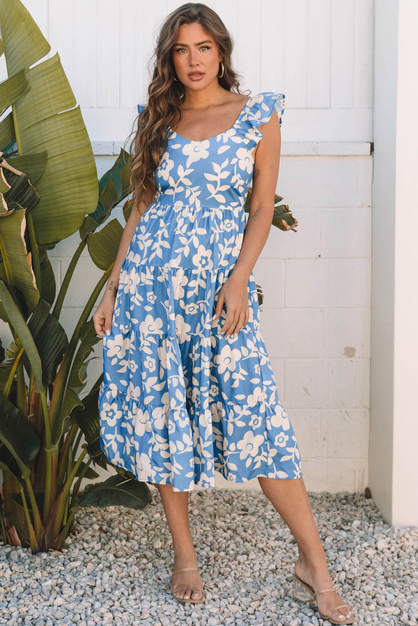 Robe midi femme floral, à étages, col U, midi — bleu ciel