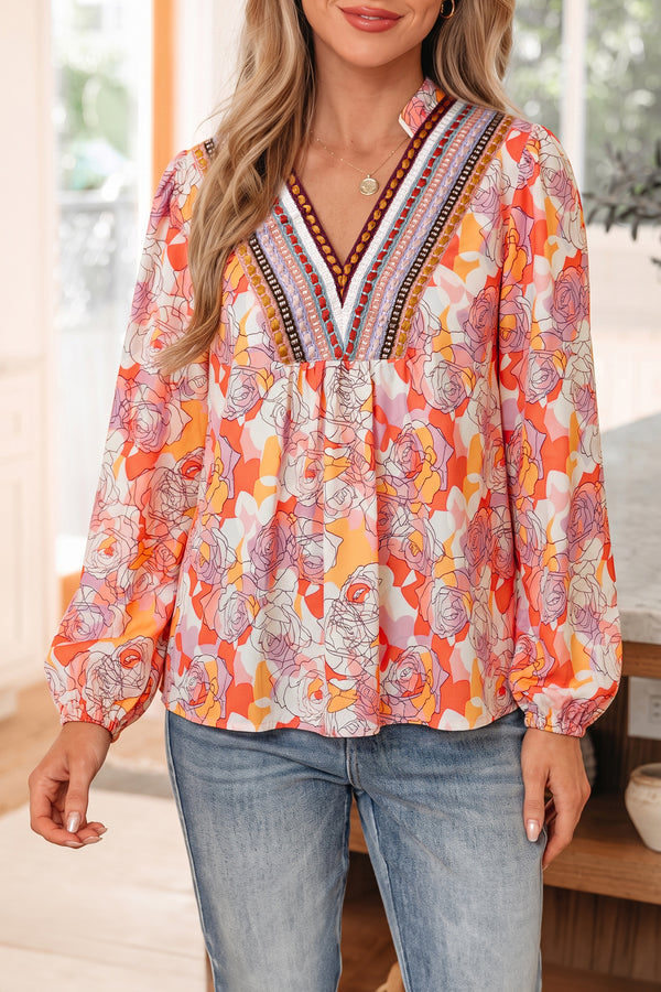 Blouse femme floral, manches longues, col V — rose