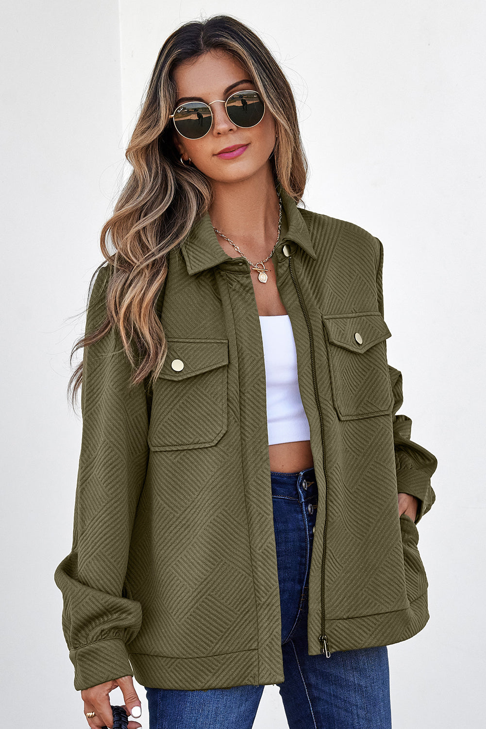 Veste femme boutonnée, zip, poches, uni — vert