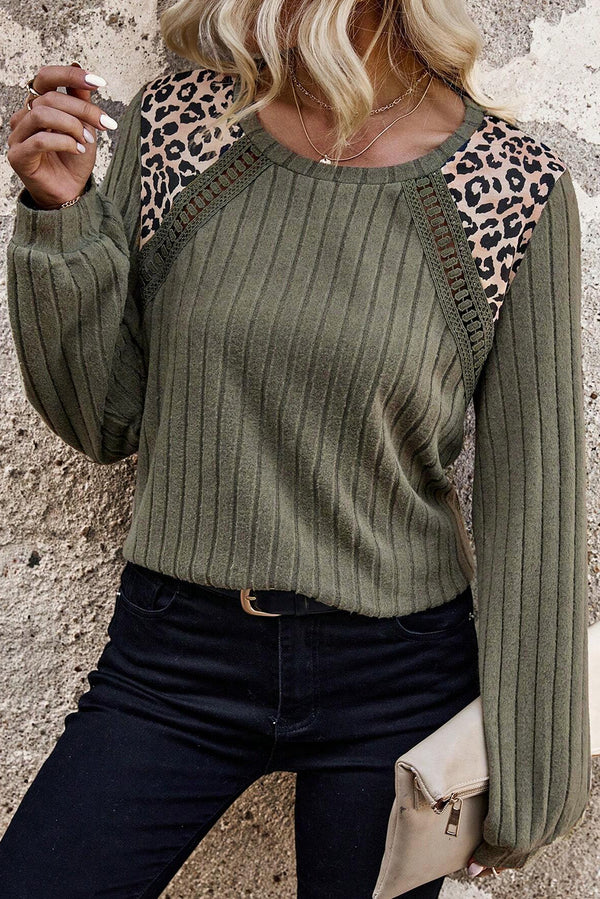 Haut femme léopard, patchwork, en maille, côtelé — vert