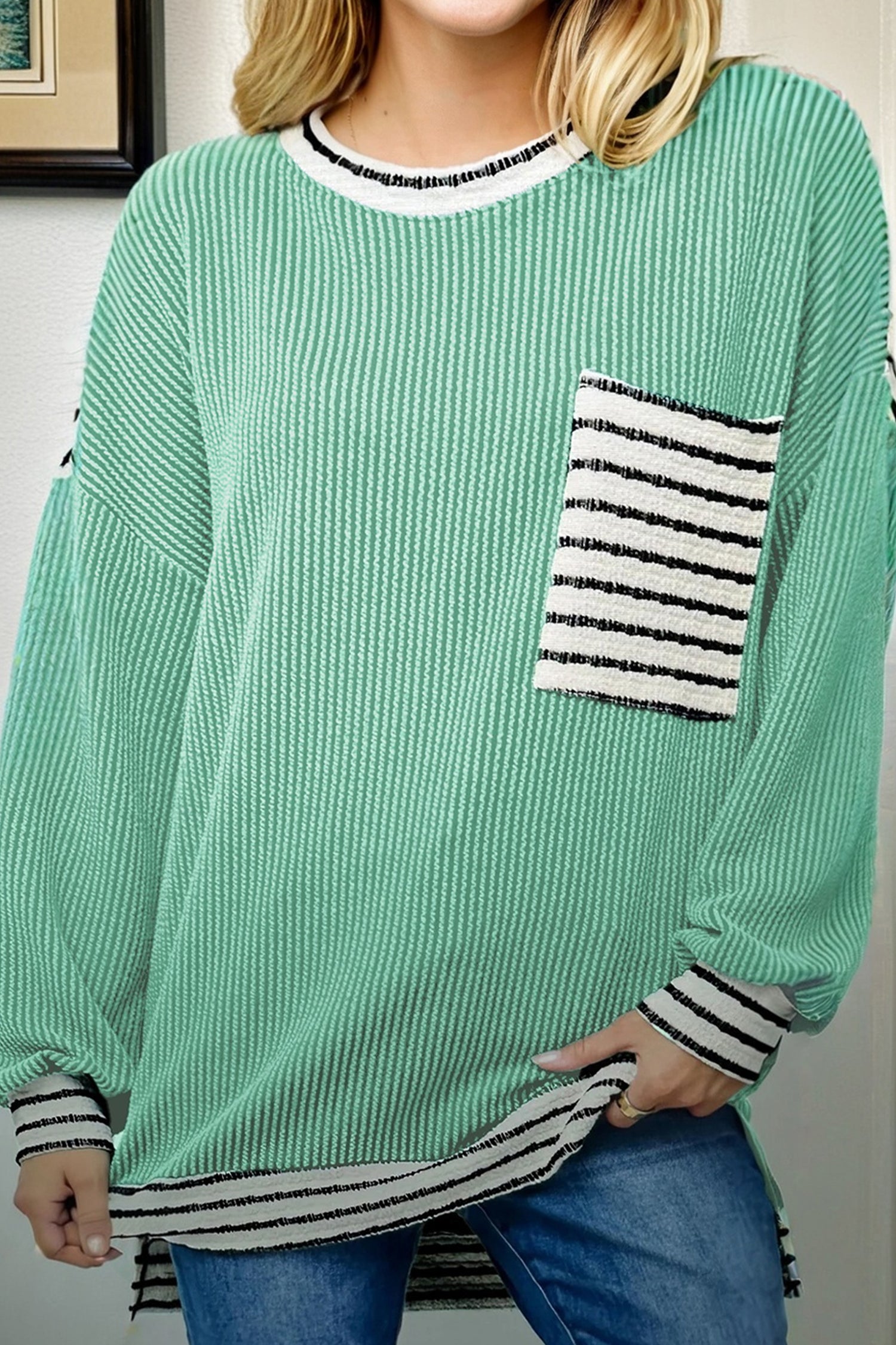 Haut femme rayé, patchwork, manches longues, col rond, côtelé — vert d'eau