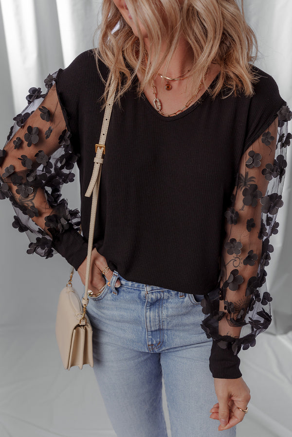 Blouse femme transparent, manches longues, col V — noir