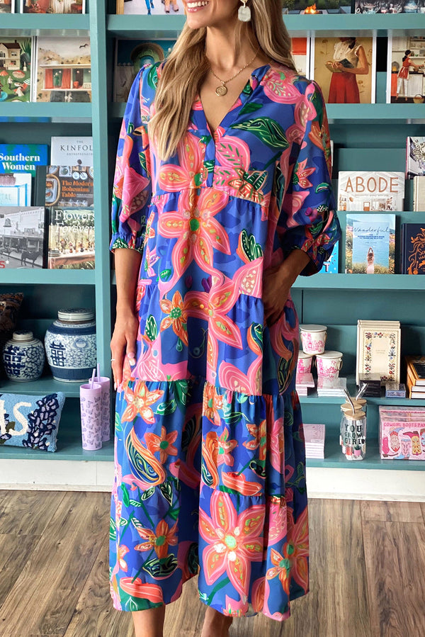 Robe femme floral, à étages, col V — bleu