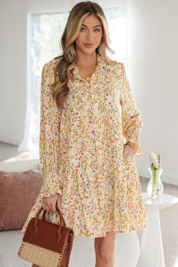 Robe femme floral, smocké, manches longues, ample — jaune