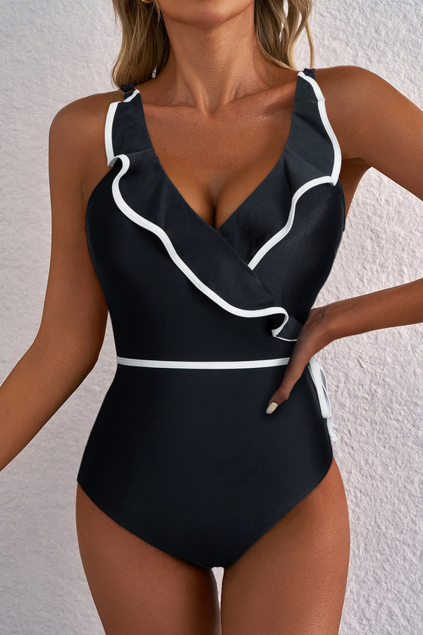 Maillot femme à volants, col V — noir