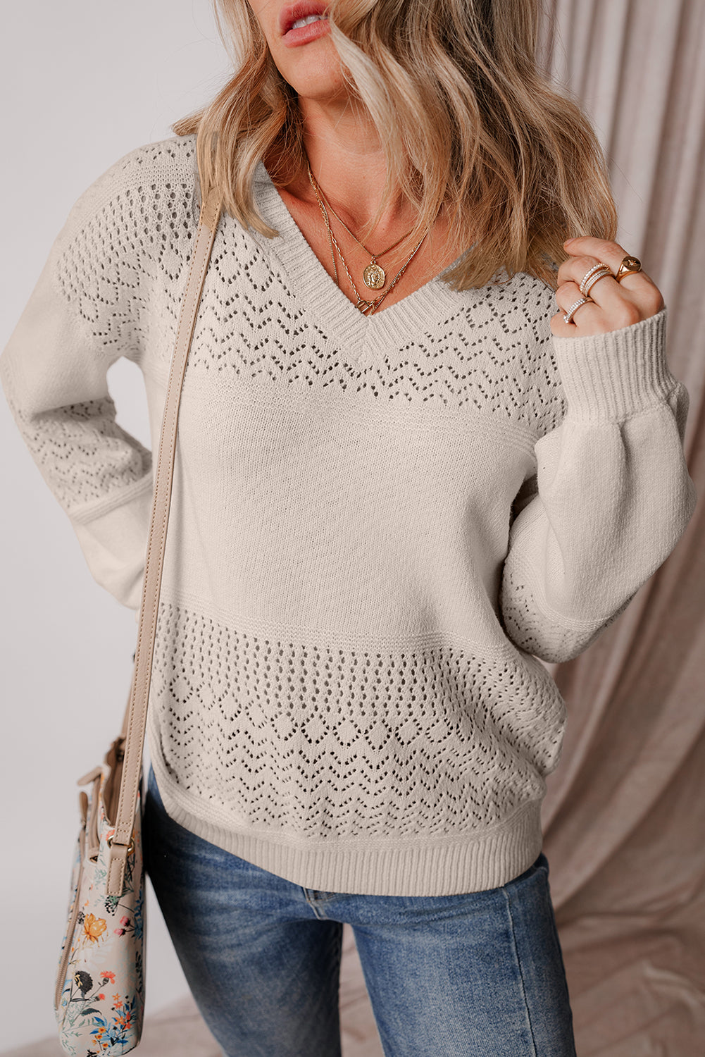 Pull femme épaules tombantes, col V — marron