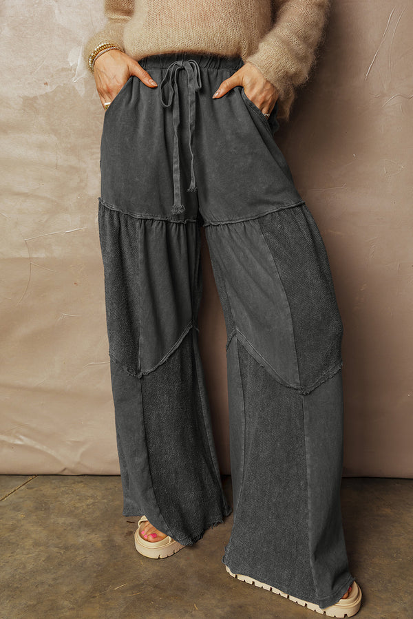 Pantalon femme patchwork, à étages, à cordon, jambe large — noir