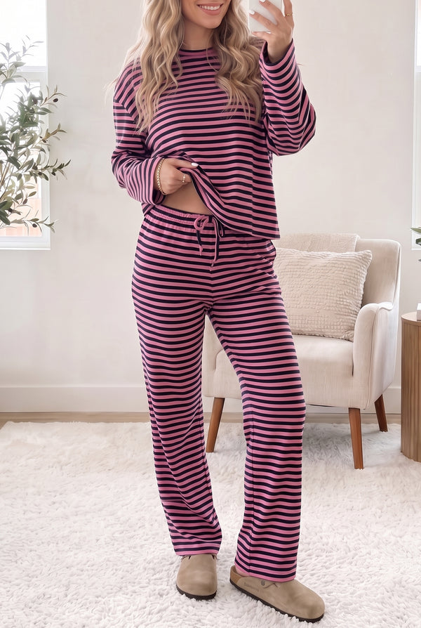Pantalon femme rayé, à cordon, manches longues, casual — rose
