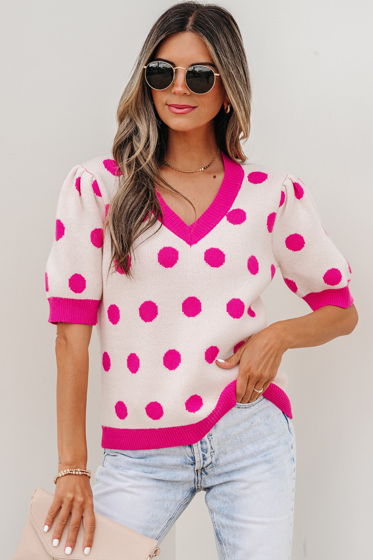 Pull femme pois, manches courtes — rose