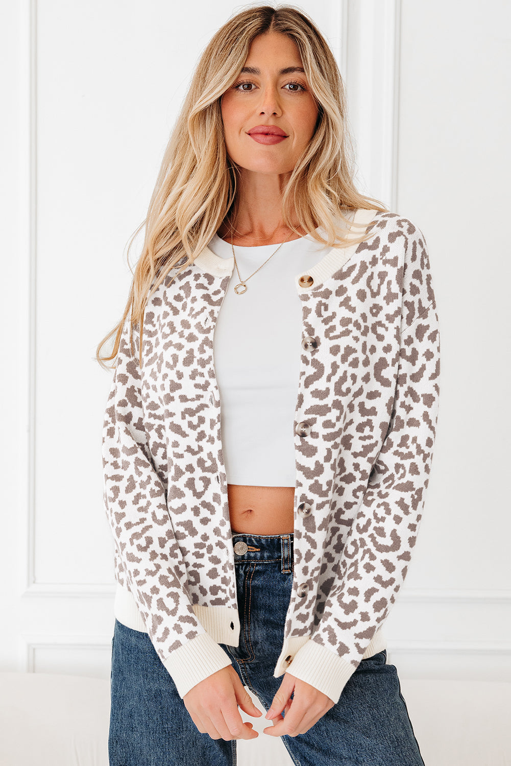 Khaki Leopard Drop Shoulder Chunky Knitted Cardigan Sweater femme