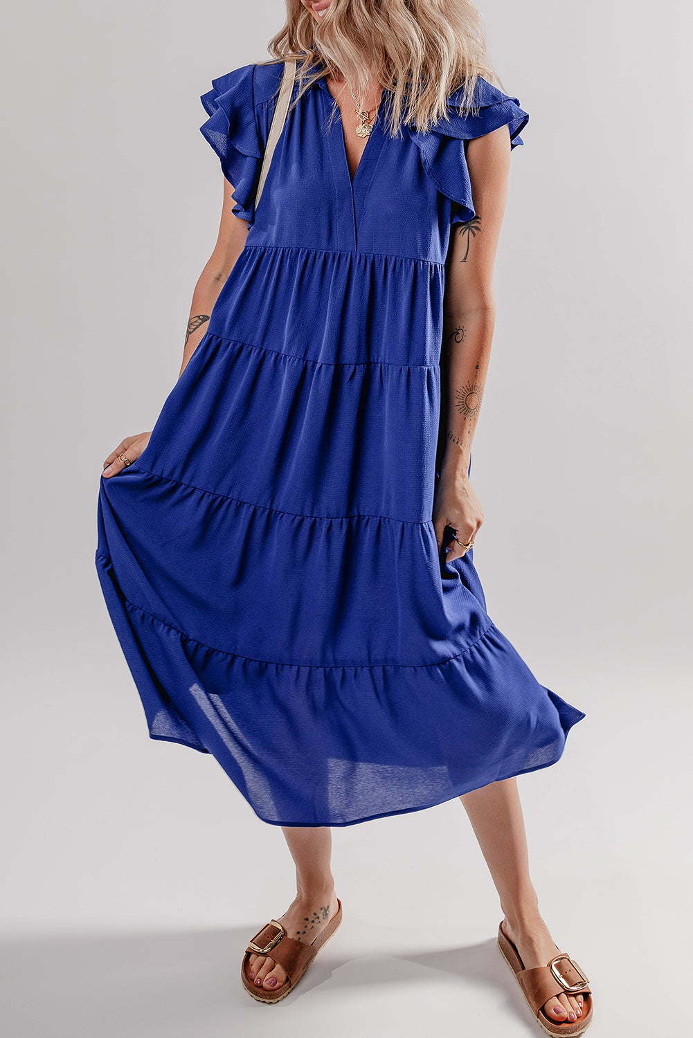 Robe midi femme à volants, à étages, manches courtes, col V, midi