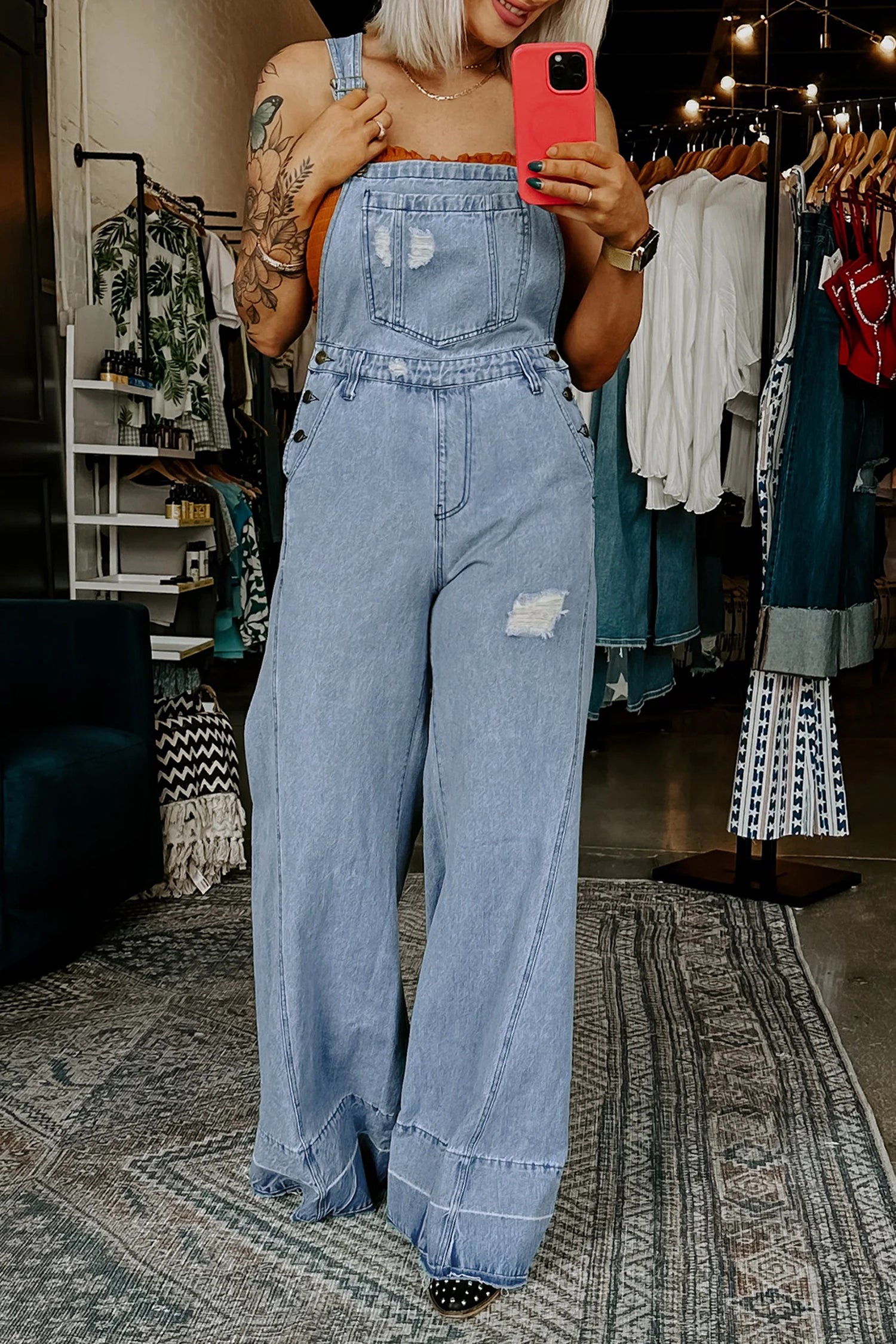 Combinaison femme boutonnée, bretelles, denim — bleu