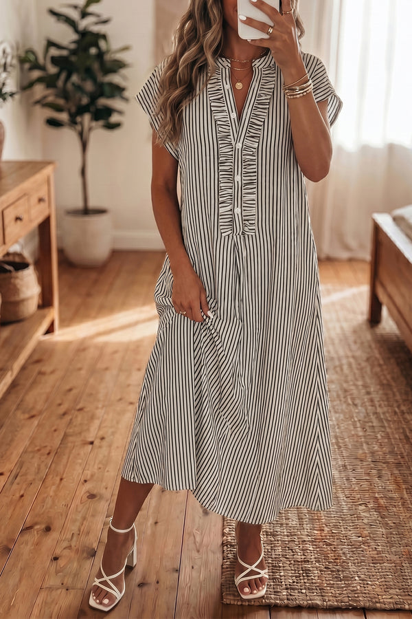 Robe femme rayé, boutonnée, demi-boutonnage, manches courtes — noir