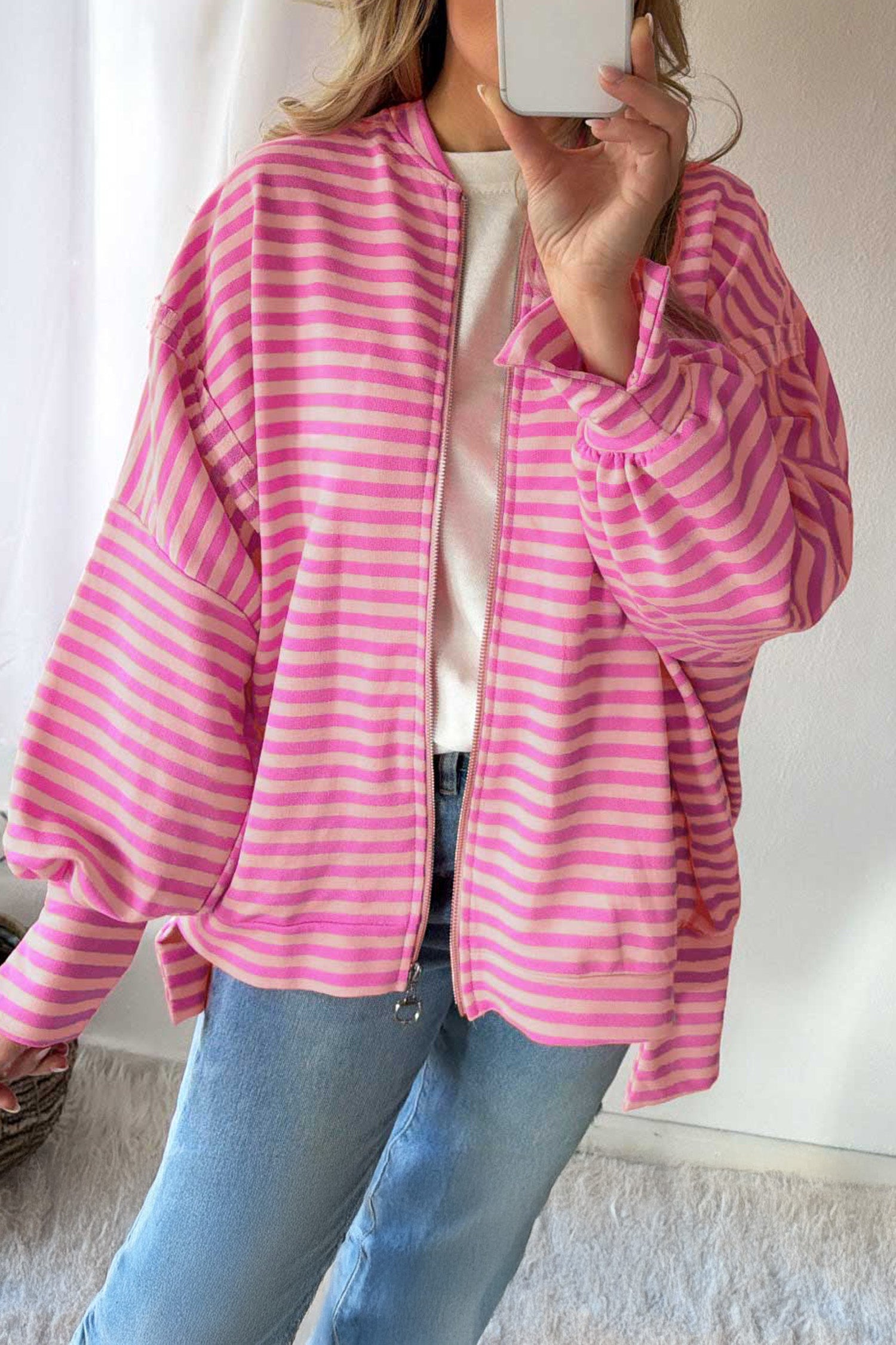 Sweat femme rayé, zip, manches bouffantes — rose