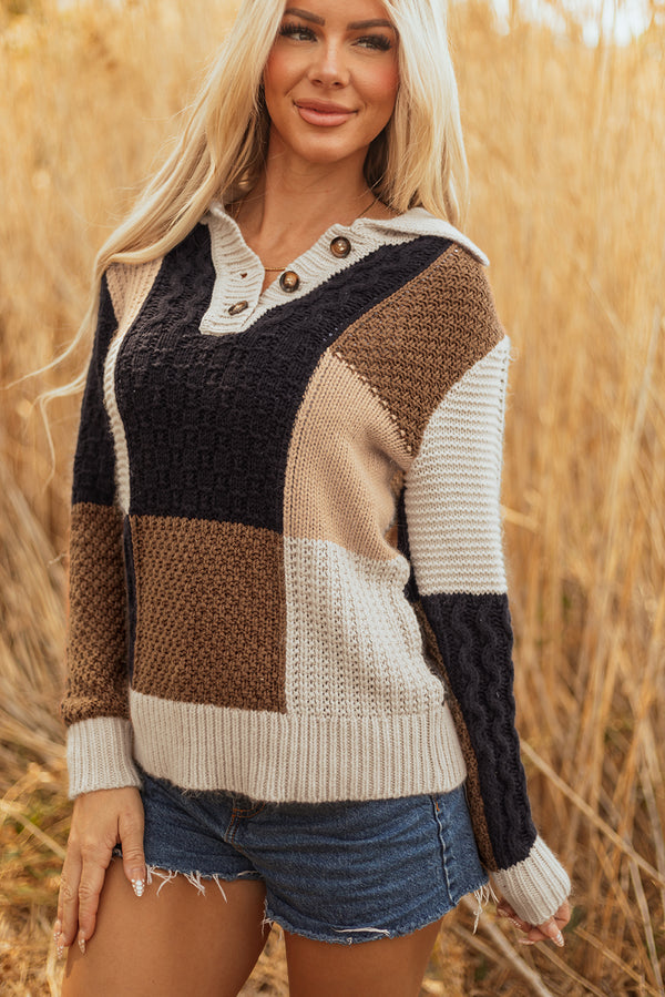 Pull femme en maille, boutonnée, torsadé, colorblock — multicolore
