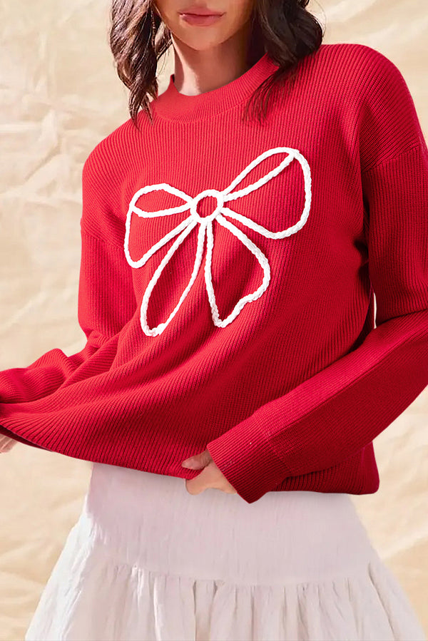 Pull femme brodé, graphique, côtelé — rouge feu