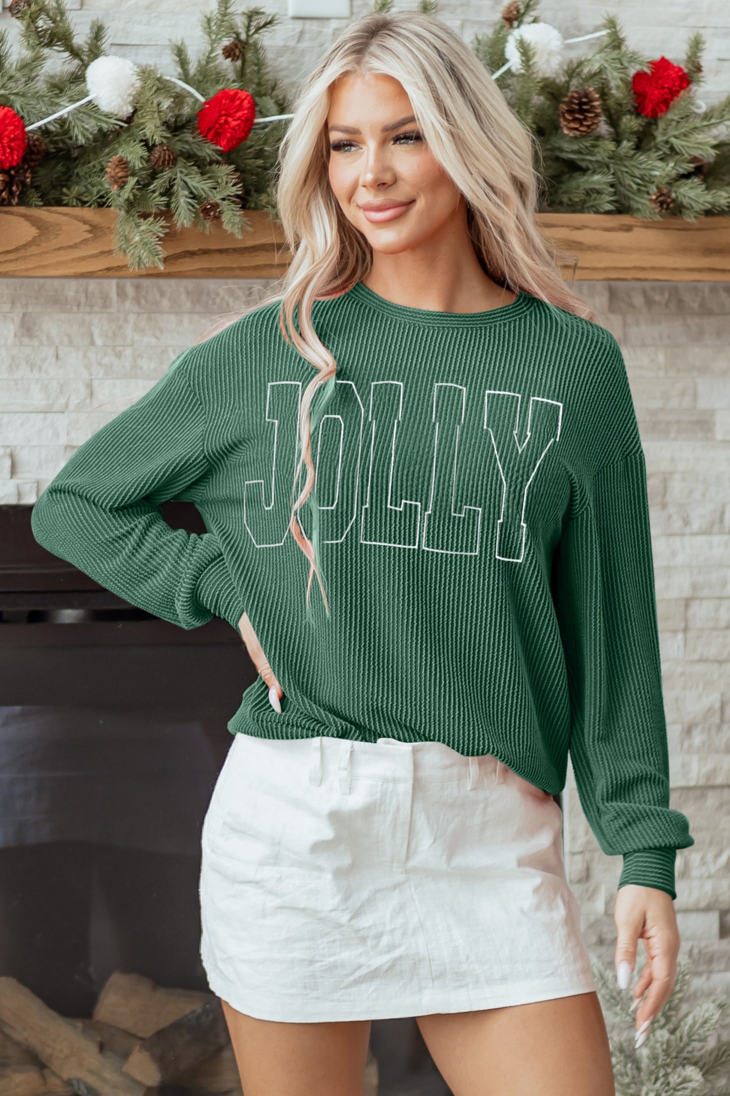 Haut femme graphique, manches longues, ample, côtelé — vert