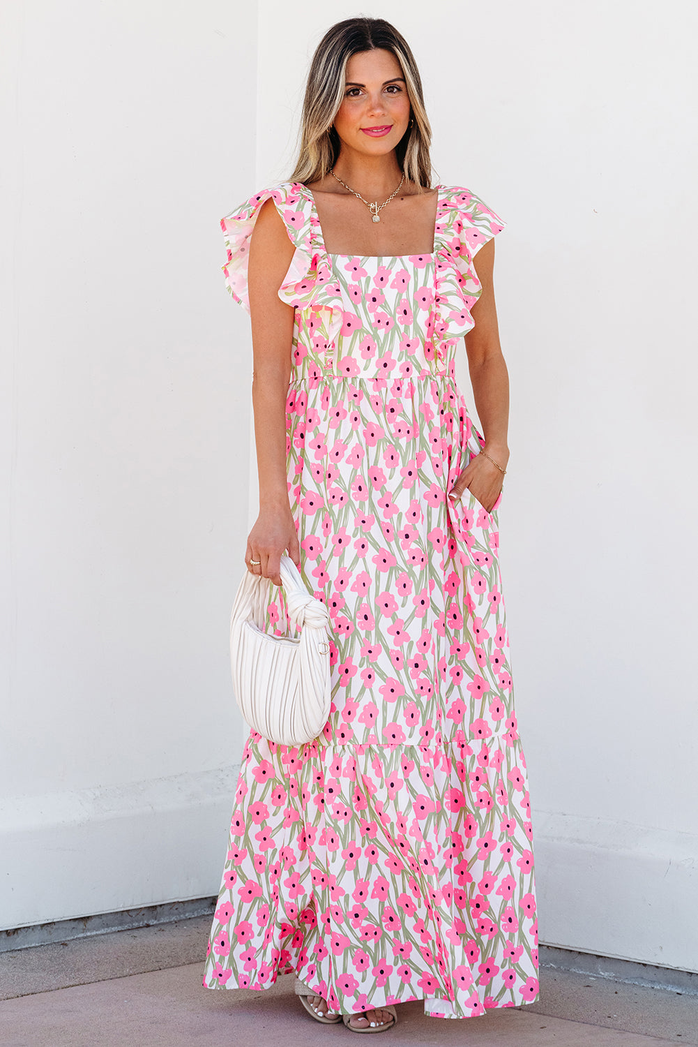 Robe longue femme floral, à volants, bretelles, maxi — rose