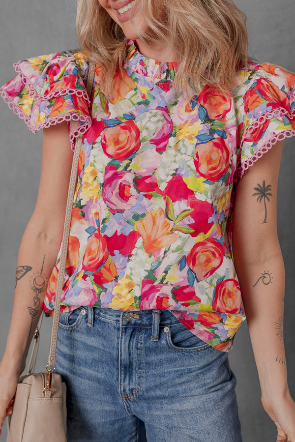 Blouse femme floral, à volants, manches courtes — multicolore