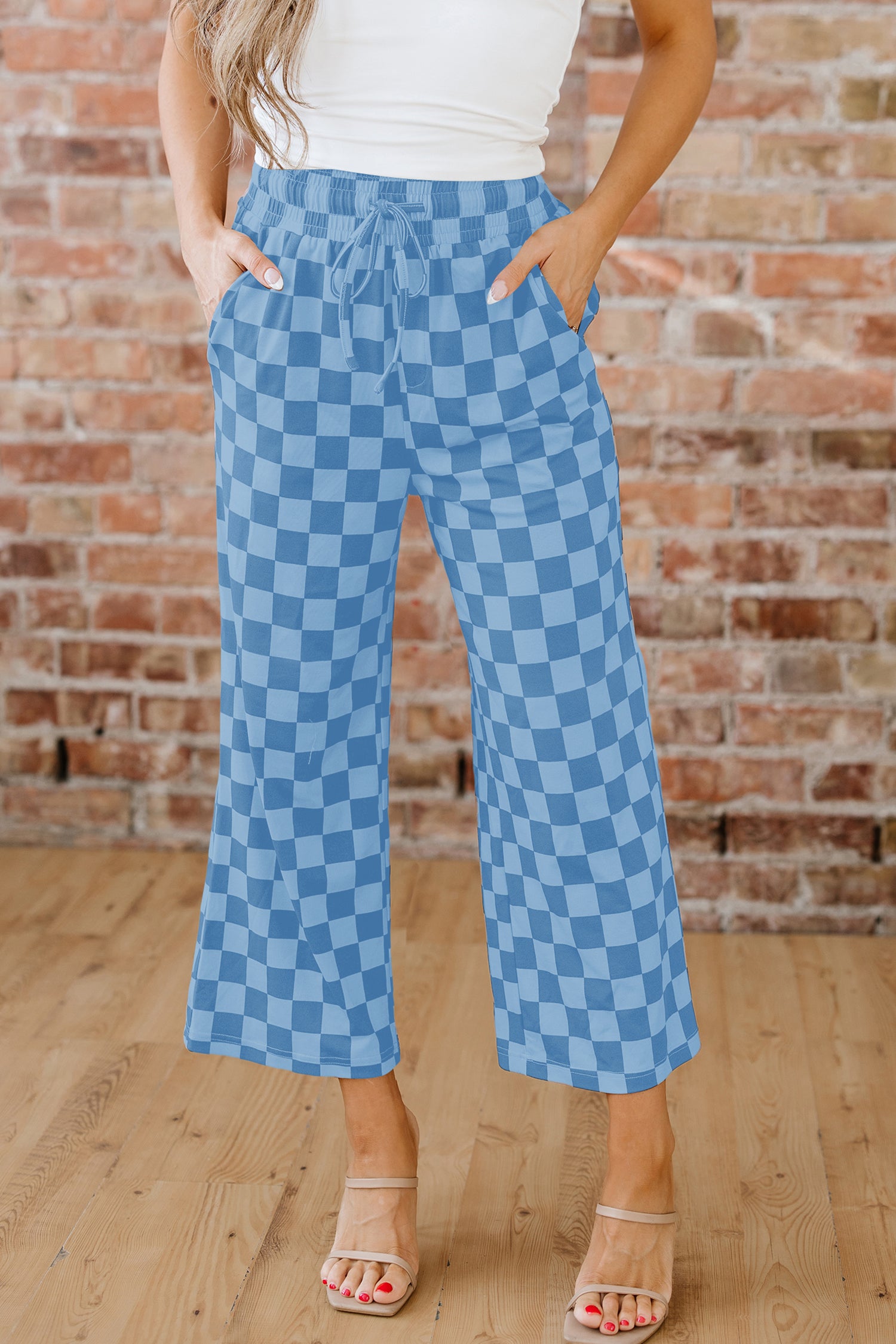 Pantalon femme à carreaux, taille haute, ample, casual — bleu ciel